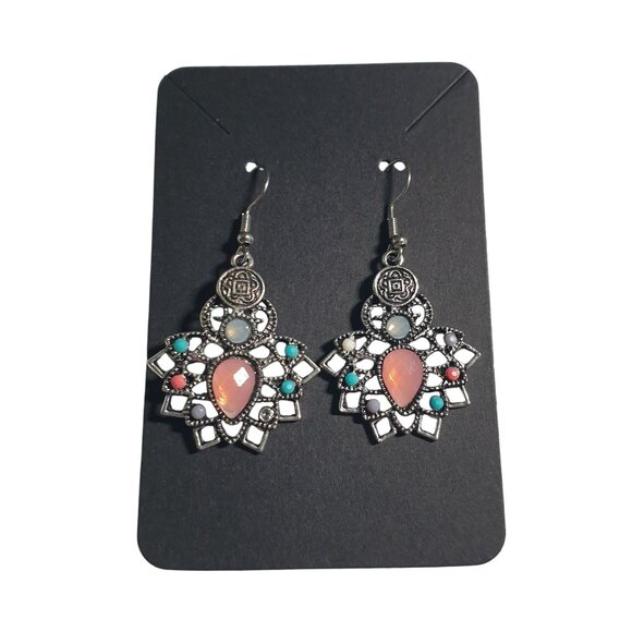 Bohemian Silver Tone Drop Earrings Pink Accents Multicolor Acrylic Bead Gift - Picture 1 of 4